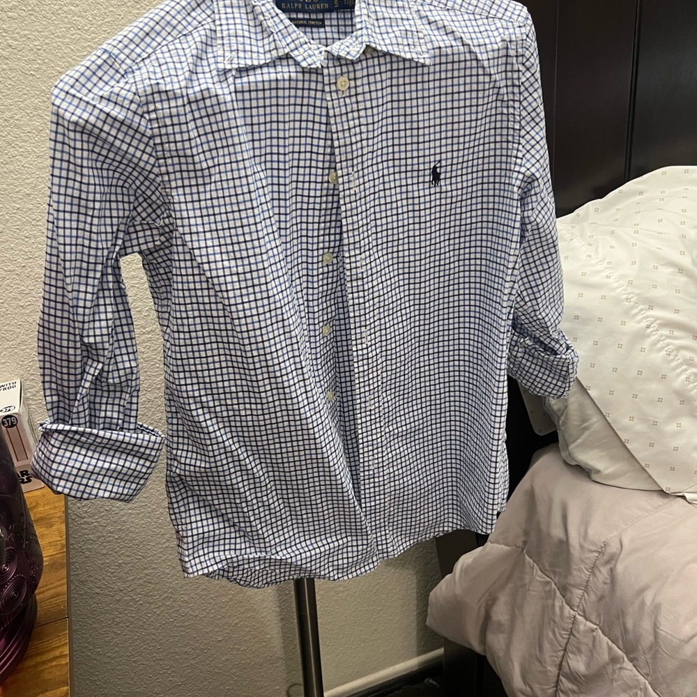Ralph Lauren White and Blue Check Cotton Button-Down Shirt - Men's
